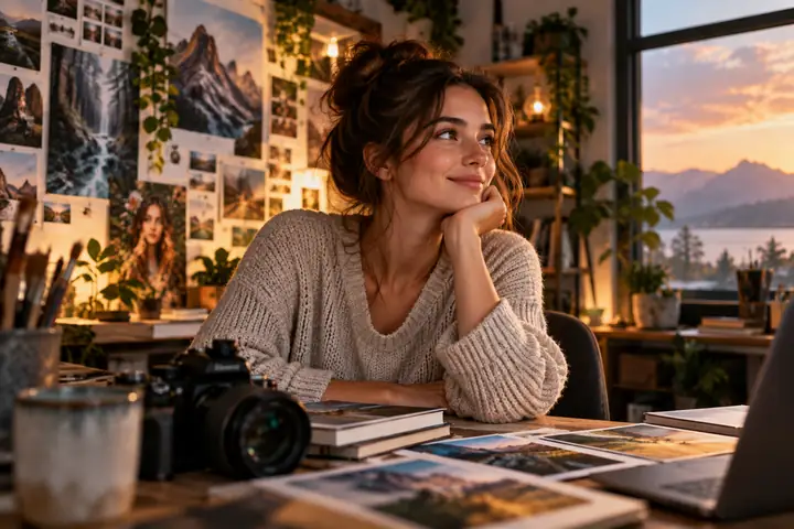 Natural portrait scene with contextual styling and detailed surroundings