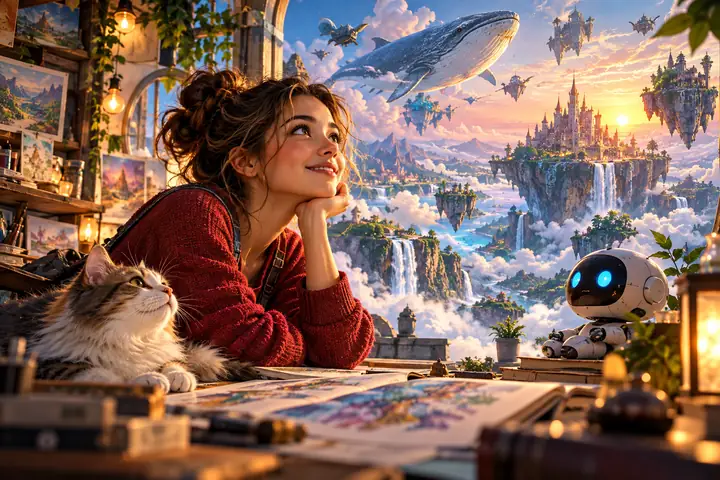 Bright imaginative character scene with playful forms and vivid color