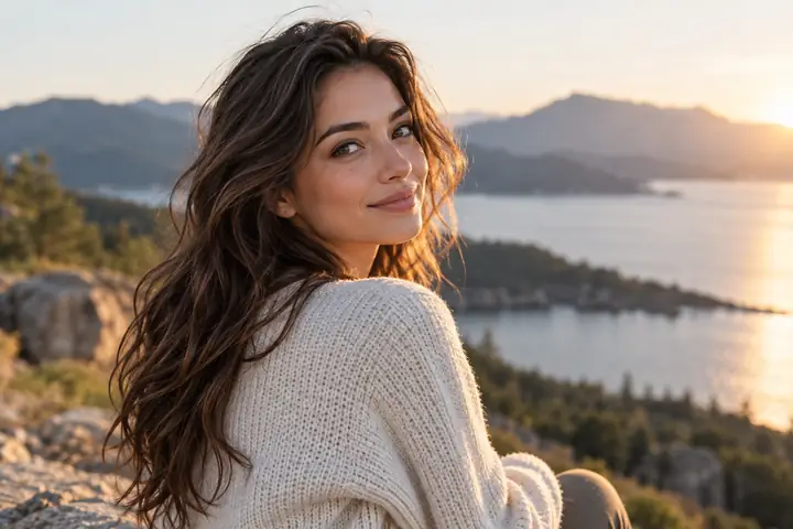 Refined edited portrait with controlled pose, styling, and natural color